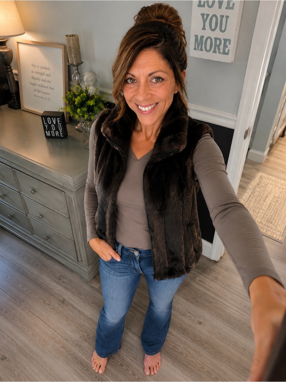 Giacca Reversible Faux Fur Zip Front Vest Brown/Black XL Cozy Winter Layer